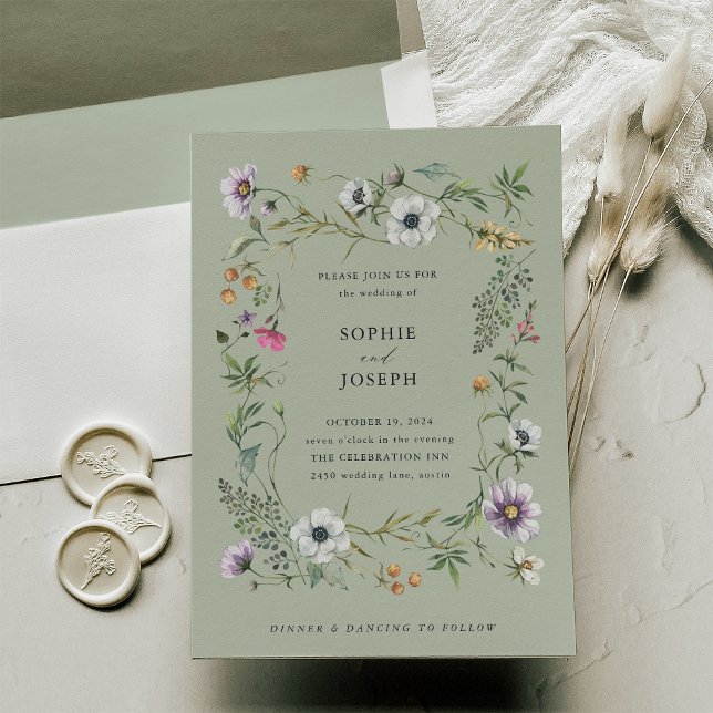 Convite Flores Botânicas | Casamento Verde Suave (A pretty, soft green wedding invitation with wildflowers)