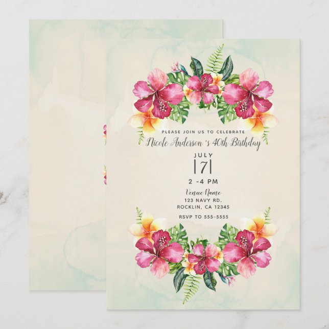 Convite Flores Botânicas de Aniversário Tropical Aloha (Frente/Verso)