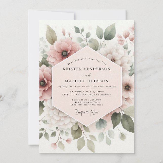 Convite Flores Botânicas de Rosa Empoeirada Casamento (Frente)