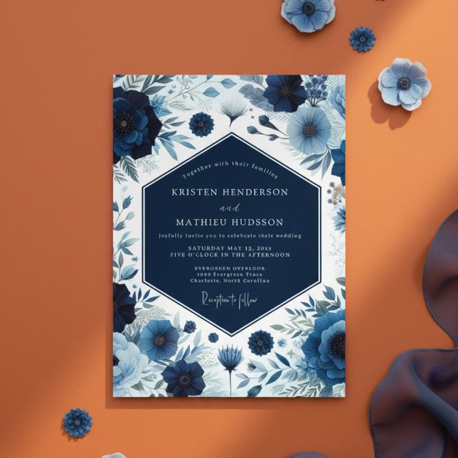 Convite Flores Botânicas Deep Blue para Casamento (Criador carregado)