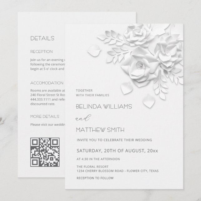 Convite Flores Brancas 3D Casamento Tudo-Em-Um  (Frente/Verso)