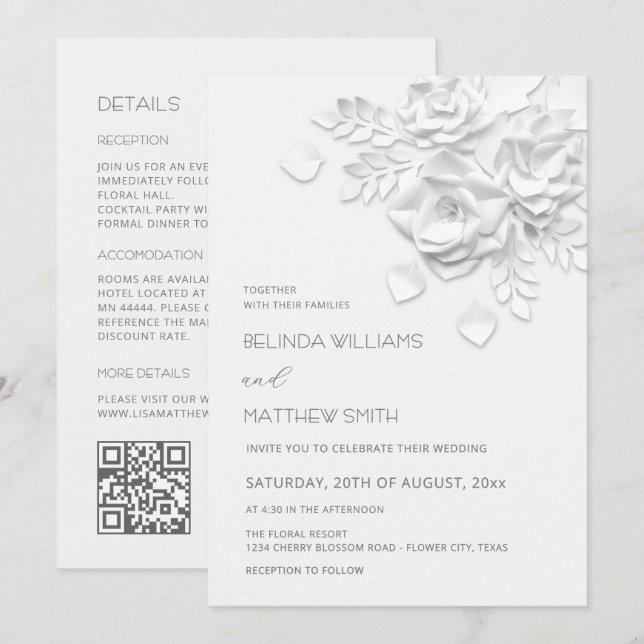 Convite Flores Brancas 3D Casamento Tudo-Em-Um  (Frente/Verso)