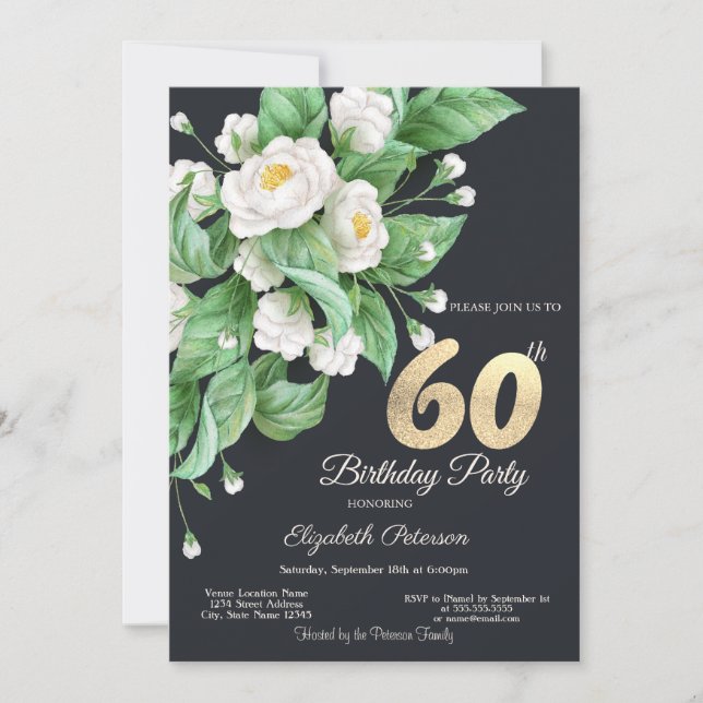 Convite Flores Brancas Aniversário de 60 anos  (Frente)