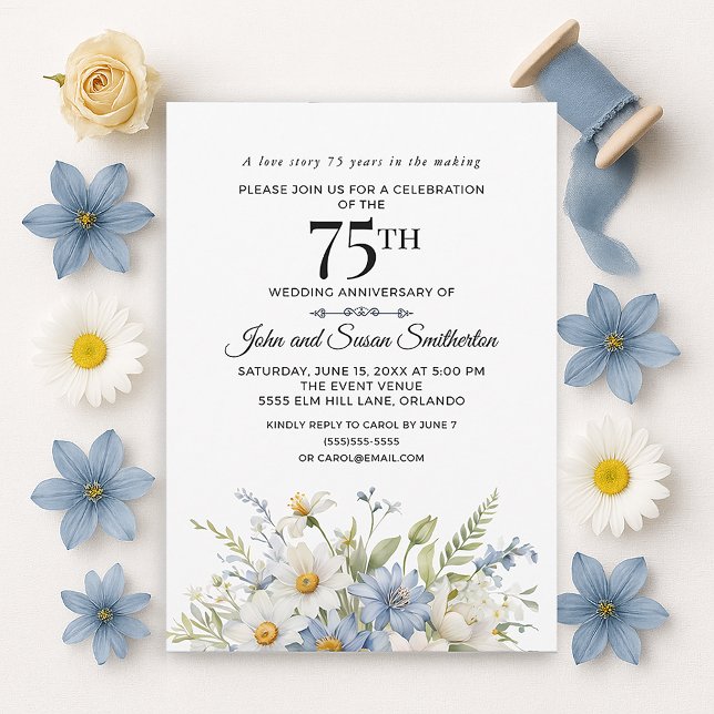 Convite Flores Brancas Azuis Elegantes 75 anos (Elegant dusty blue watercolor floral and white daisies 75th wedding anniversary invitation)