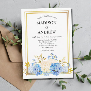 Convite Flores Brancas Azuis Quadro Dourado Casamento Eleg
