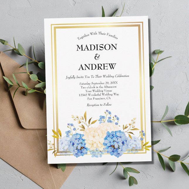 Convite Flores Brancas Azuis Quadro Dourado Casamento Eleg (Criador carregado)