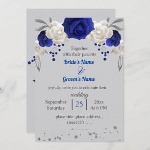 Convite flores brancas azuis reais folhas cinza casamento
