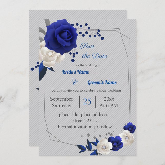 Convite flores brancas azuis reais geométricas salvar data (Frente/Verso)