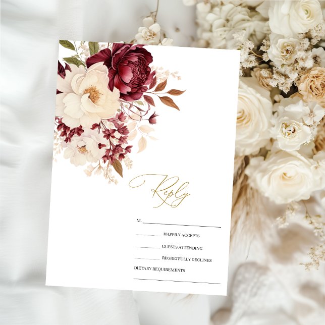Convite Flores Brancas Burgundy Elegantes RSVP (Criador carregado)