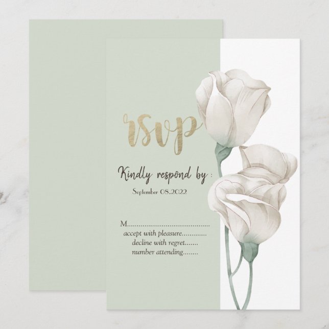 Convite Flores Brancas Chic Rosas RSVP  (Frente/Verso)