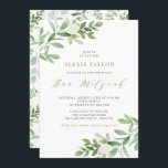 Convite Flores brancas de aquarela e Bar verde Mitzvah<br><div class="desc">Convide a família e os amigos com este convite verde e caprichoso. Este convite do bar mitzvah apresenta ilustrações em aquarela de folhagem verde e flores brancas e um padrão verde correspondente ao script dourado. Personalize adicionando nomes, data, hora, local e outros detalhes do evento. Este convite é perfeito para...</div>