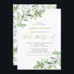 Convite Flores brancas de aquarela e Bat Mitzvah verde<br><div class="desc">Convide a família e os amigos com este convite verde e caprichoso. Este convite do bat mitzvah apresenta ilustrações em aquarela de folhagem verde e flores brancas e um padrão verde correspondente ao script em ouro. Personalize adicionando nomes, data, hora, local e outros detalhes do evento. Este convite é perfeito...</div>