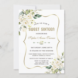 Convite Flores brancas de aquarela Frame Dourado Sweet 16