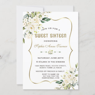 Convite Flores brancas de aquarela Frame Dourado Sweet 16