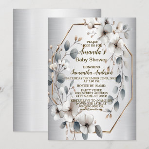 Convite Flores brancas de aquarela Ouro Frame Silver Teal
