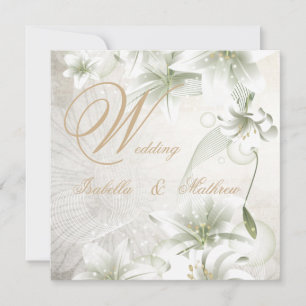 Convite Flores Brancas de Casamento Elegante Beige Dourada