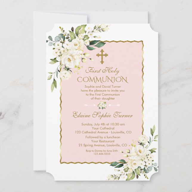 Convite Flores Brancas de Luxo Douradas Primeira Comunhão  (Frente)