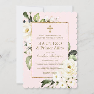 Convite Flores brancas de marfim - Batismo primeiro aniver