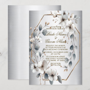 Convite Flores Brancas de Quadro de Ouro de Casamento Aqua