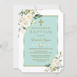 Convite Flores Brancas Delicadas, Dourado Batismo Cruzado