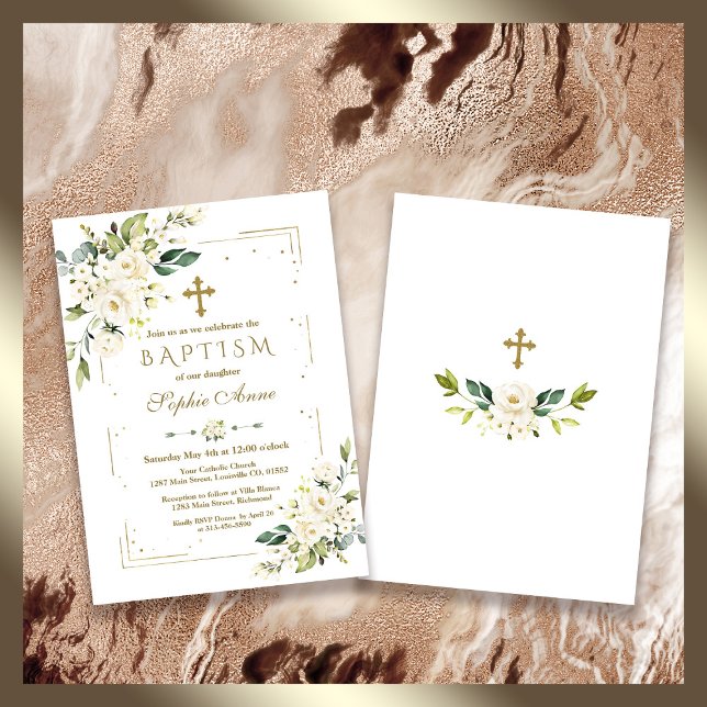 Convite Flores Brancas do Luxo Batismo Dourado com a Fragm (elegant trendy baptism white floral invitation)