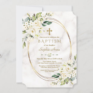 Convite Flores Brancas do Luxo Batismo Dourado Marble