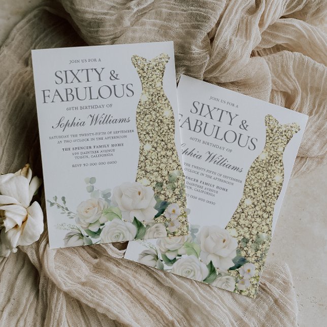 Convite Flores Brancas Douradas, Elegante 60º Aniversário (Criador carregado)