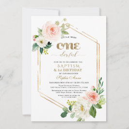 Convite Flores Brancas Douradas Rosa Primeiro Aniversário 