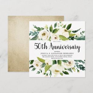 Convite Flores Brancas Dourado 50º Aniversário de Casament