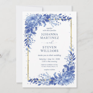 Convite Flores Brancas e Azuis Quadro Dourado Casamento