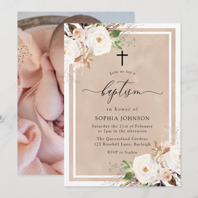 Convite Flores Brancas e Escamoteadas Menina Foto Batismo (Frente/Verso)