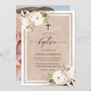 Convite Flores Brancas e Escamoteadas Menina Foto Batismo