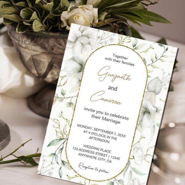 Convite Flores brancas e Folhas Douradas (An elegant invitation that combines the simplicity of white flowers with the allure of gold. #leaves)
