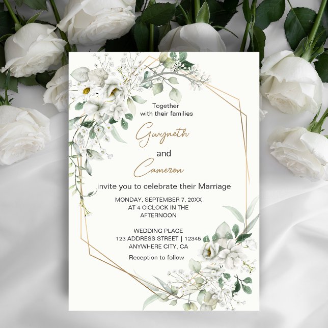 Convite Flores brancas e geométricas Douradas (An elegant invitation that combines the simplicity of white flowers with the allure of geometric. )