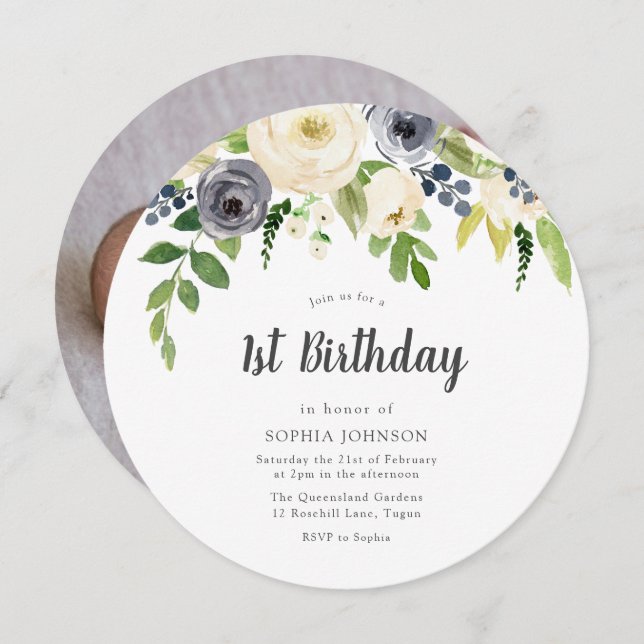 Convite Flores Brancas e Marinhos Festa de primeiro aniver (Frente/Verso)