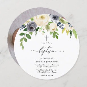 Convite Flores Brancas e Marinhos Flores Bebê Batismo Foto