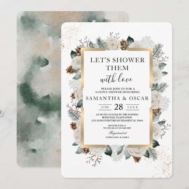 Convite Flores brancas e pinheiro de inverno com aquarela (Frente/Verso)