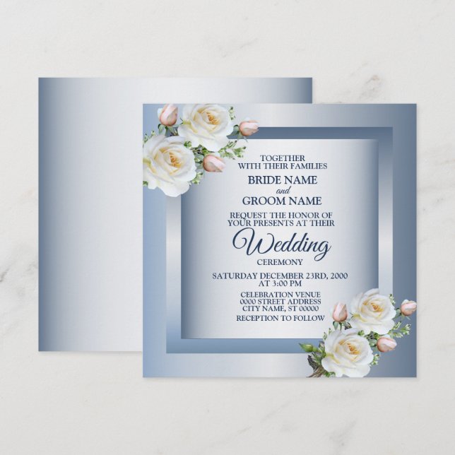 Convite Flores Brancas Elegantes Casamento Azul Cinza (Frente/Verso)