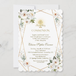 Convite Flores Brancas Elegantes Douradas Primeira Comunhã