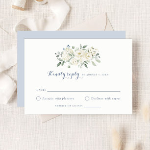 Convite Flores Brancas Elegantes RSVP de Casamento Azul Em