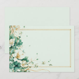 Convite Flores brancas elegantes, salva e douradas em bran