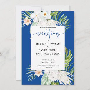 Convite Flores Brancas em Fundo Azul Casamento