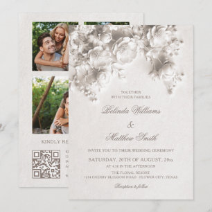 Convite Flores Brancas Esculpidas Rosas 3D Casamento