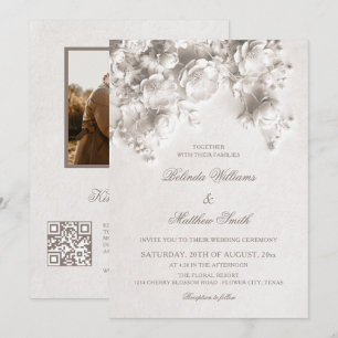 Convite Flores Brancas Esculpidas Rosas 3D Casamento