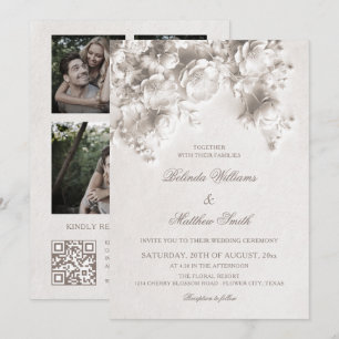 Convite Flores Brancas Esculpidas Rosas 3D Casamento
