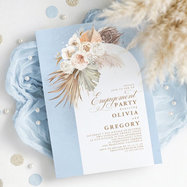 Convite Flores brancas Festa de noivado de Boho de Grama P (Dusty Blue Chic Elegant Exotic Boho Engagement Party Invitations)