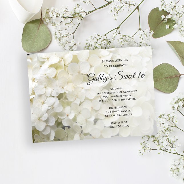 Convite Flores Brancas Hydrangea Doce 16 Festa de aniversá (Criador carregado)