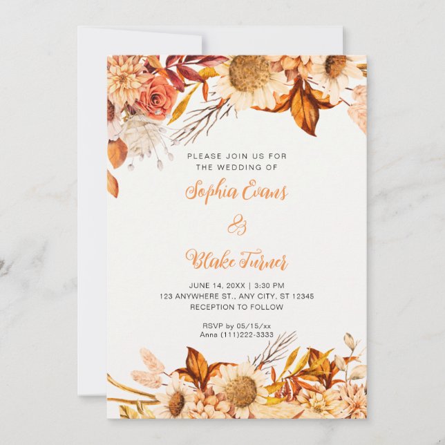 Convite Flores Brancas Laranja Rústicas Boho Casamento Off (Frente)