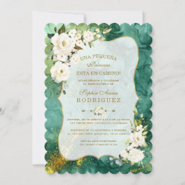 Convite Flores brancas Malachite Dourado Chá de fraldas es
