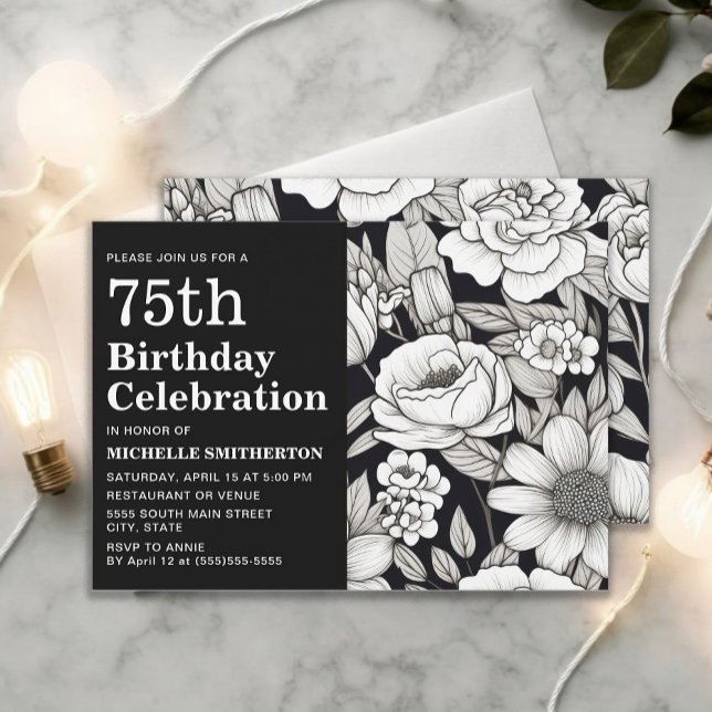 Convite Flores Brancas Negras 75º Aniversário feminino (Black and white 75th birthday party invitation)